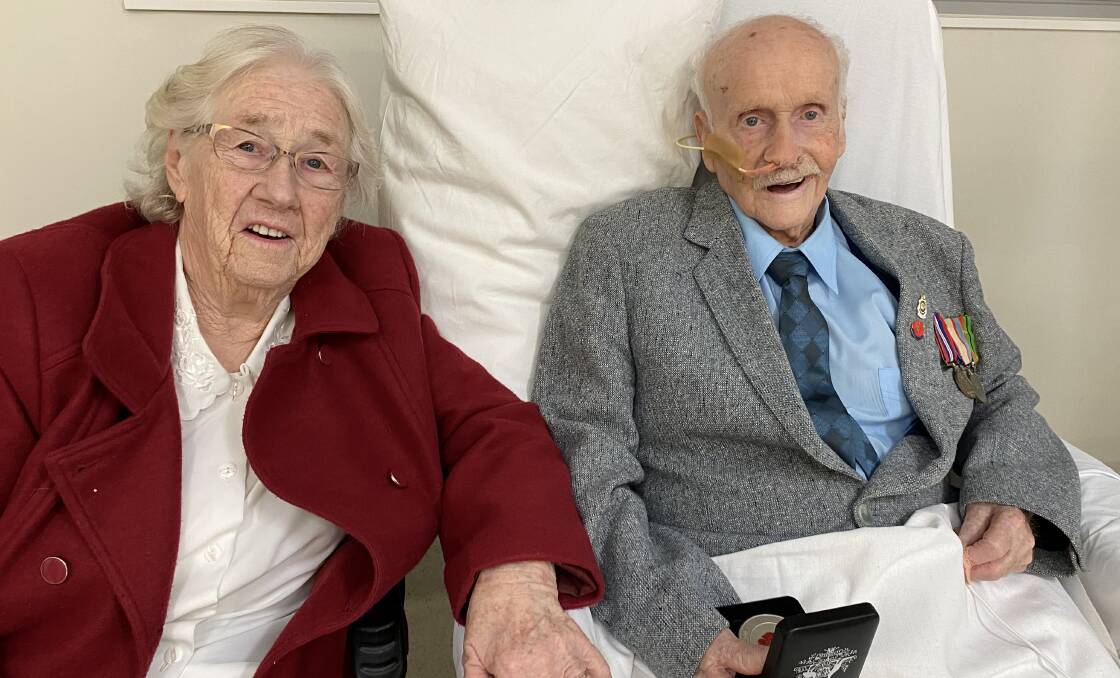 FAREWELL: World War II veteran Bernard "Sandy" Harvey, pictured last week with wife Patricia, has died at the age of 98, just days after receiving a commemorative medal. 