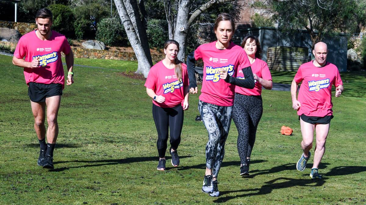 READY TO GO: Milly Clark (front) with TJ Peters, Alicia Van Ek, Melody West and Casey Mainsbridge ahead of Cancer Council Tasmania's Women's 5K Walk-Run. Picture: Neil Richardson 