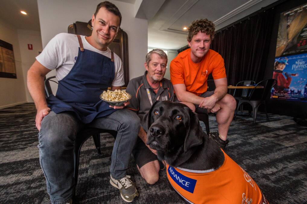 EVENT: Star Theatre co-owner Paul Lee-Archer, with Guide Dogs Tasmania community engagement officer Paul Wyld, volunteer Robert O'Brien and ambassador dog Paris. Picture: Phillip Biggs 