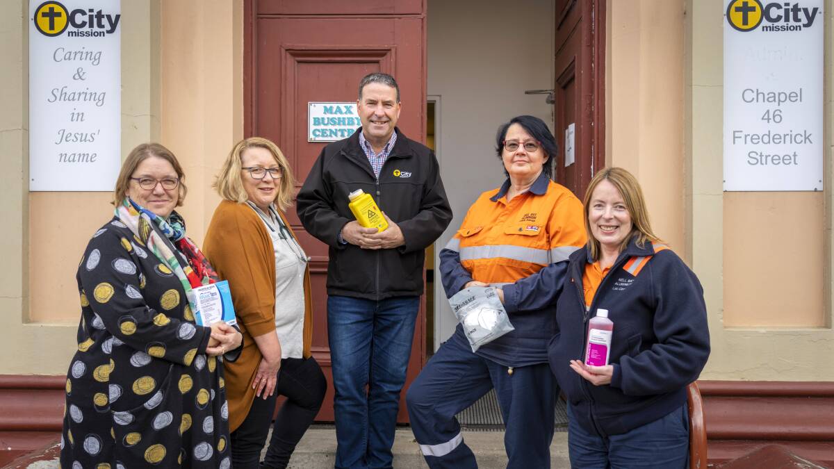 BOOST: Mission Health's Michele Dowlman and Jane Laidlaw, with City Mission chief executive Stephen Brown, and Bell Bay Aluminium's Valerie Ramage and Lou Clark. Picture: Supplied/Rob Barnett