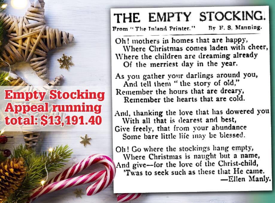 HISTORIC: Poem 'The Empty Stocking' that appeared in The Examiner on December 21, 1908 along with the article 'A Christmas Call' appealing for donations. 