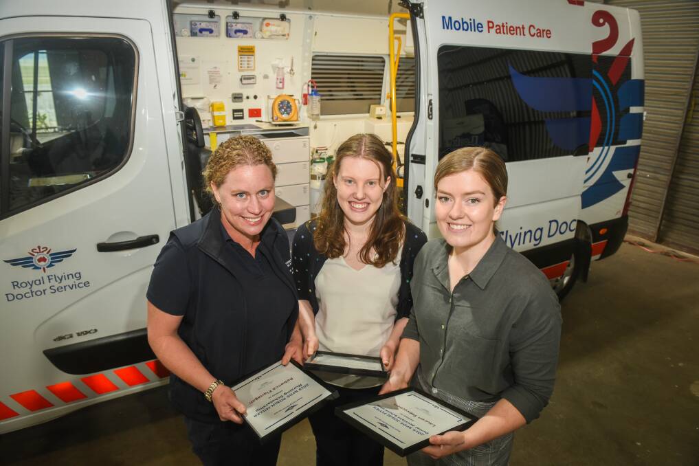 Achievement: RFDS Tasmania scholarship recipients Rebecca Flanagan, Hannah Forde and Lauren Stevenson. Picture: Paul Scambler 