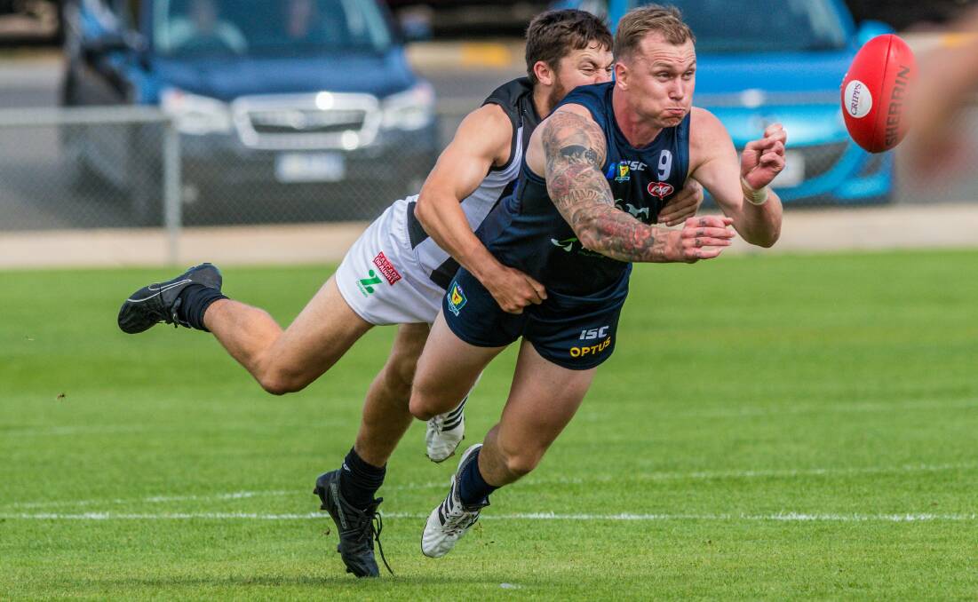 TSL: Mitchell Thorp takes a tackle in Launceston v Glenorchy at Windsor Park on Saturday. Picture: Phillip Biggs 

