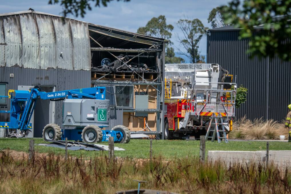 The fire, which broke out about 10.30am Tuesday, caused more than $1.5 million in damages to a shed at Adams Distillery at Perth. Picture: Paul Scambler 