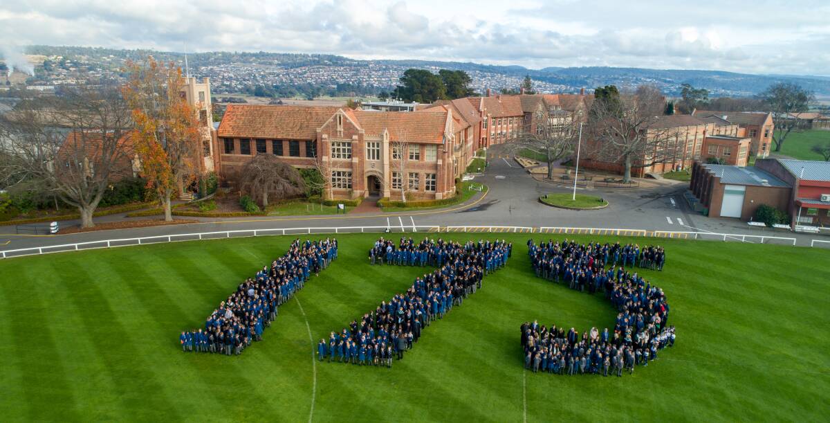 SHOT: Launceston Church Grammar students formed "175" on the school oval on Tuesday to mark the school's historic birthday. Picture: Supplied/Ash Dunn