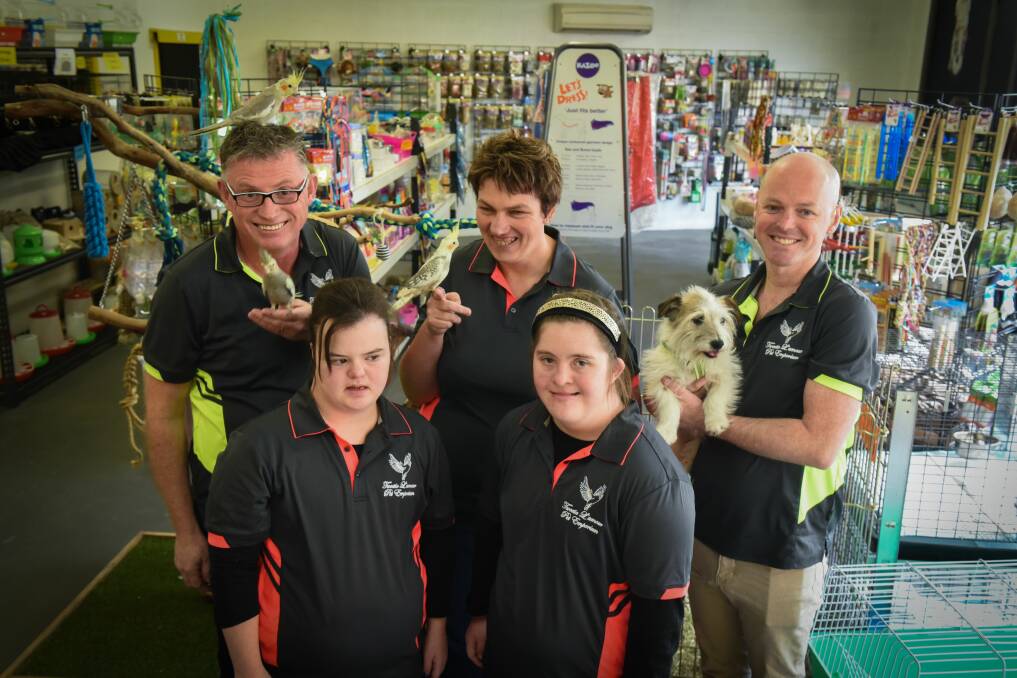Tweetie L'amour Pet Emporium's Warren Flannigan, Colby Withers, Mel Triffett, Chloe Hansson and Nate Cripps (with Fly the dog). Picture: Paul Scambler
