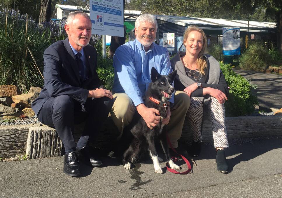 City of Launceston mayor Albert van Zetten, RSPCA Tasmania chief executive Andrew Byrne and Primary Industries and Water Minister Sarah Courtney, pictured at the Launceston Animal Care Centre on Thursday. 