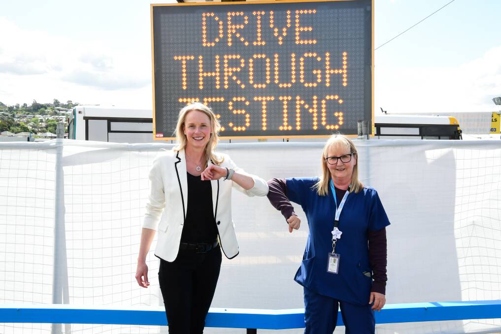 VIGILANCE: Health Minister Sarah Courtney with nurse unit manager Sue Delanty at the new Wellington Street drive-through clinic. Picture: Neil Richardson 