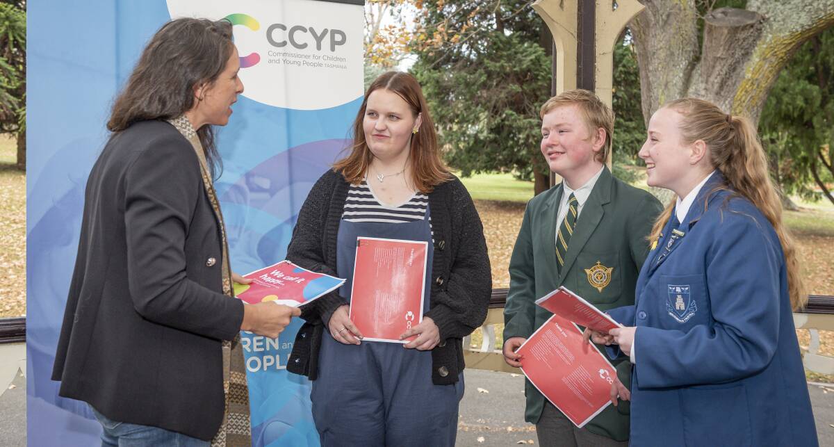 INSIGHTS: Commissioner for Children and Young People Leanne McLean, with students Jorja Sigtenhorst, William Colebrook-Smith and Zali Grace. Picture: Craig George 