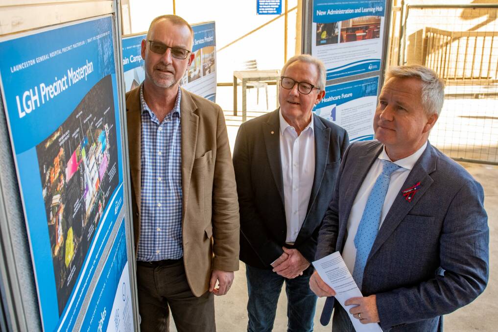 CCEC chairman Peter O'Sullivan (centre) with Health Department deputy infrastructure secretary Shane Gregory and Health Minister Jeremy Rockliff. Pictures: Paul Scambler 