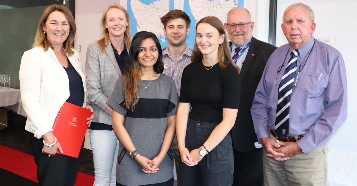 Scholarship recipients Fayral Qureshi, Declan Hilder and Claire Mackintosh (centre front), with UTAS' Rebecca Cuthill, Health Minister Sarah Courtney, RFDS Tasmania chief executive John Kirwan and CTA president Alan Beecroft. 