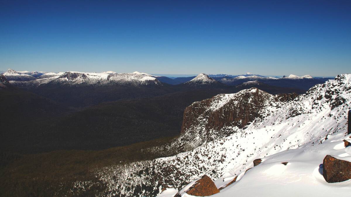 Snow capped peaks of the Cradle Mountain at Lake St Clair National Park, photo taken from Mt Thetis.