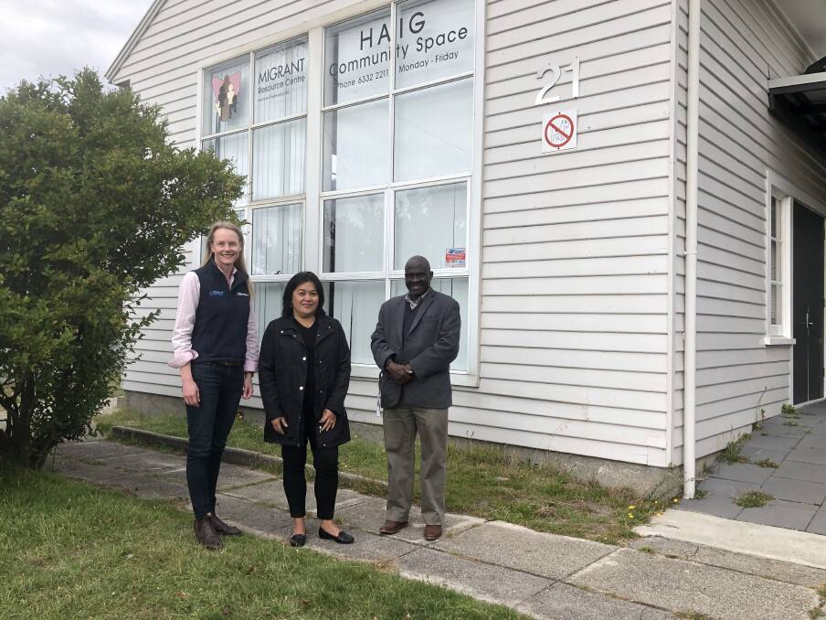 Liberal government spokesperson Sarah Courtney with Migrant Resource Centre North chief executive Ella Dixon and MRC's John Ali at the Mowbray site. Picture: Supplied 