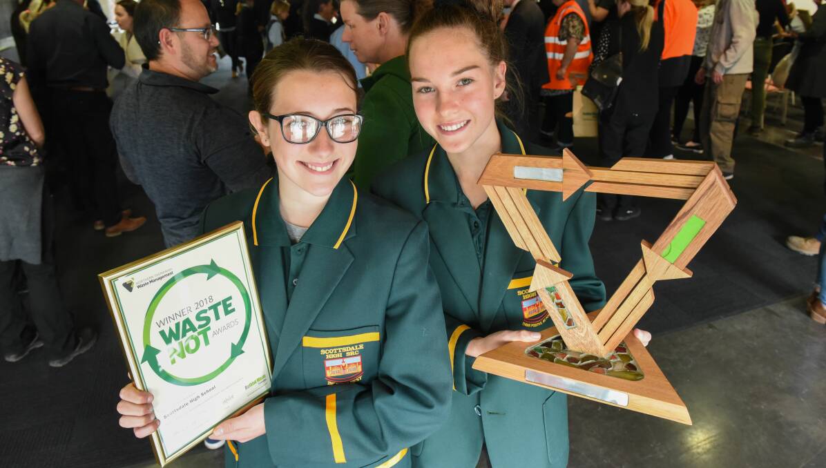 PROUD: Scottsdale High School student leaders Jorja Madden and Lara Brill
with their Waste NoT awards, at Tuesday's ceremony. Picture: Paul Scambler 