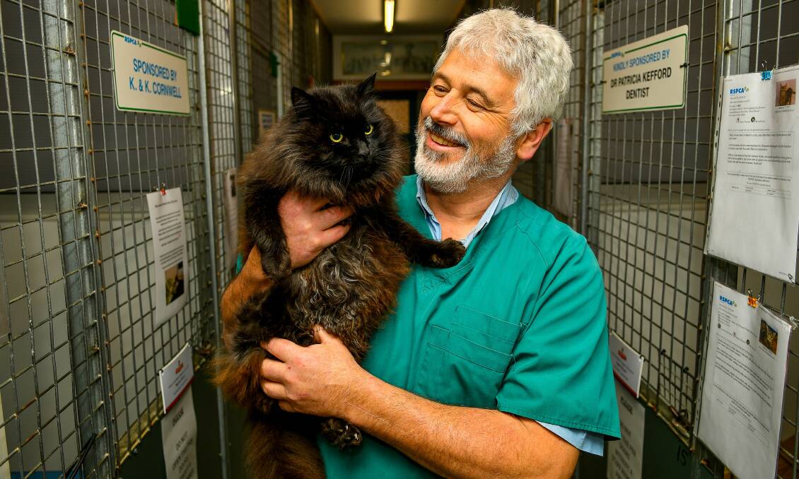 CARE: RSPCA Tasmania chief executive Dr Andrew Byrne celebrates the organisation's 140th anniversary with Fritz the cat. Picture: Scott Gelston 