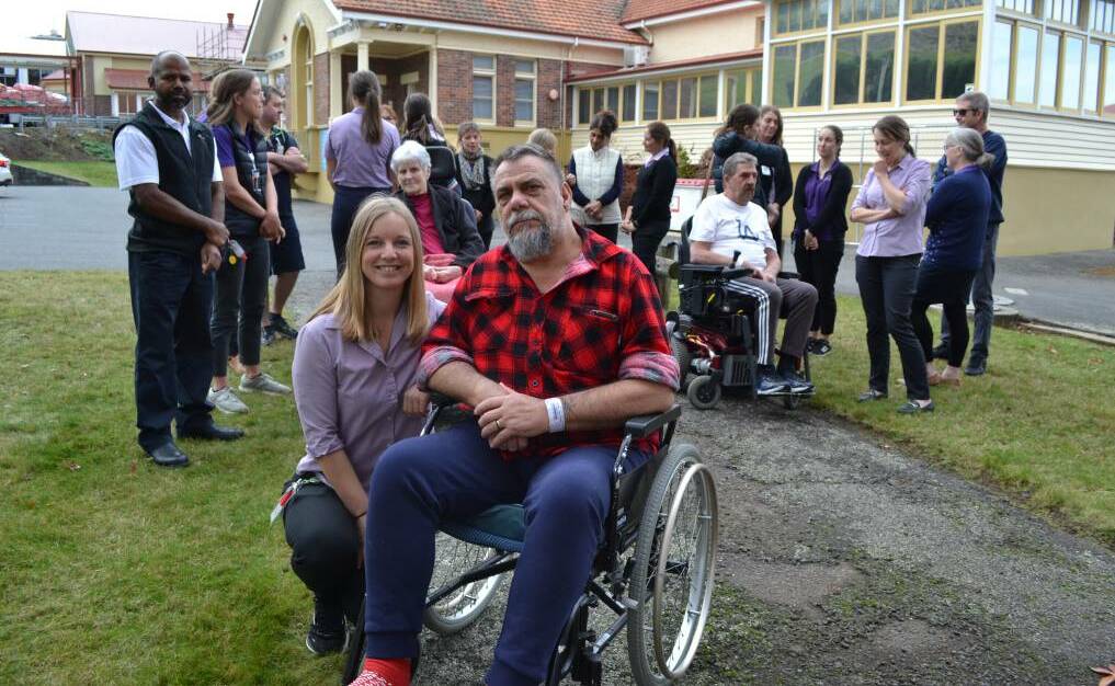 John L Grove senior occupational therapist Rebecca Rourke, with patient Steven Bowen, of Kings Meadows, at last week's campaign launch. Picture: Jessica Willard