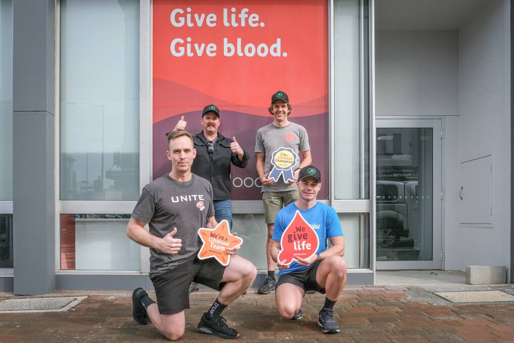 Archie's 100 Lifeblood team members Matt Cocker, Brendan Chapman, Tim Kershaw and Matt Miller, all donated blood on Thursday. Picture: Craig George 