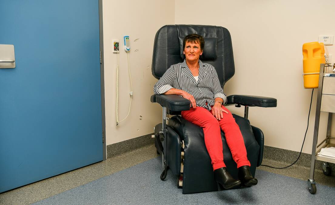 Cancer survivor Erica Buller tests out the latest chemotherapy chair at Launceston General Hospital's WP Holman Clinic. Picture: Scott Gelston