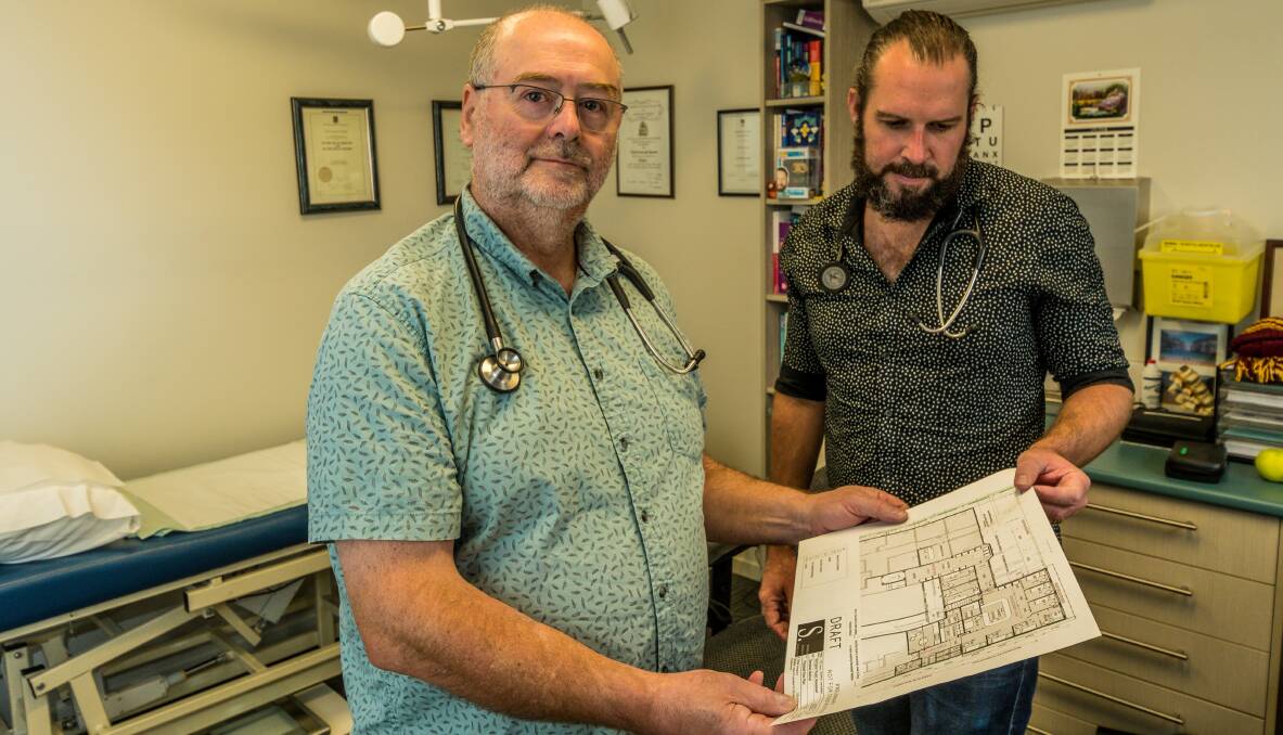 EXPANSION: Dr Andrew Fair and Dr Toby Gardner of Newstead Medical Centre, with plans for Launceston's first urgent care centre. Picture: Phillip Biggs 


