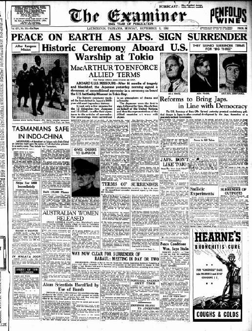The front page of The Examiner on September 3, 1945, detailed the end of World War II as a part of history. 