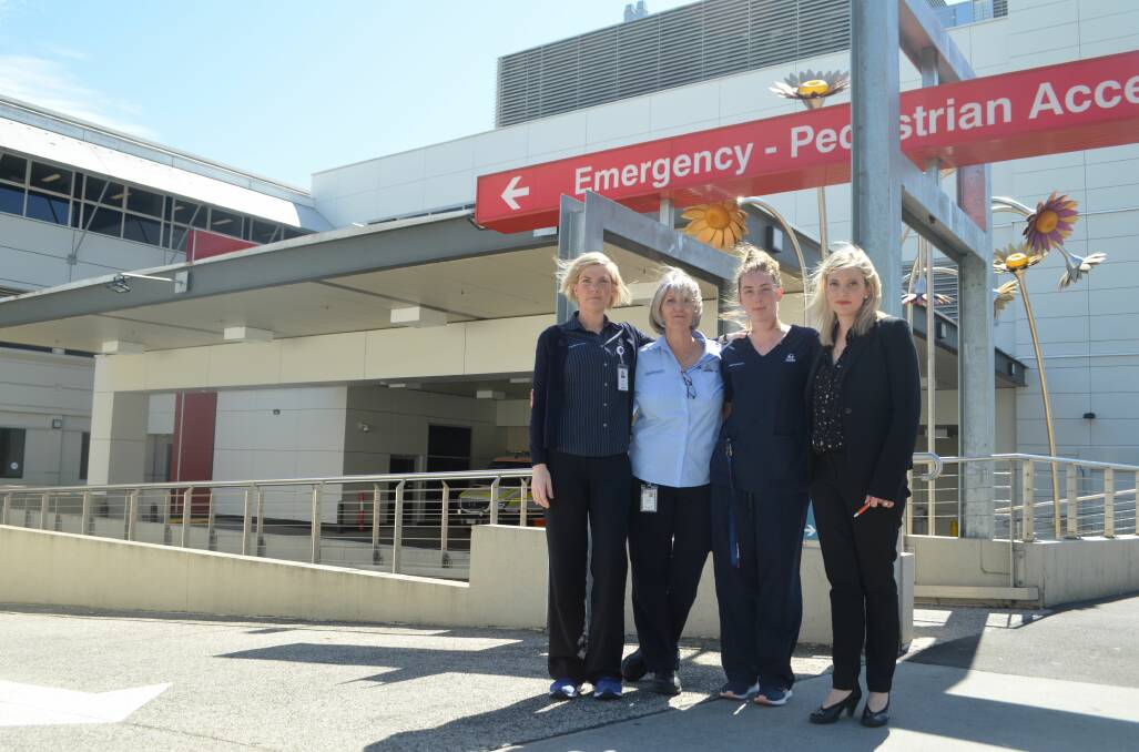 LGH nurses Shauna Williams, Madeleine Dunn and Penny Marston, with ANMF Tasmania branch secretary Emily Shepherd outside the LGH emergency department on Tuesday. Picture: Jessica Willard 