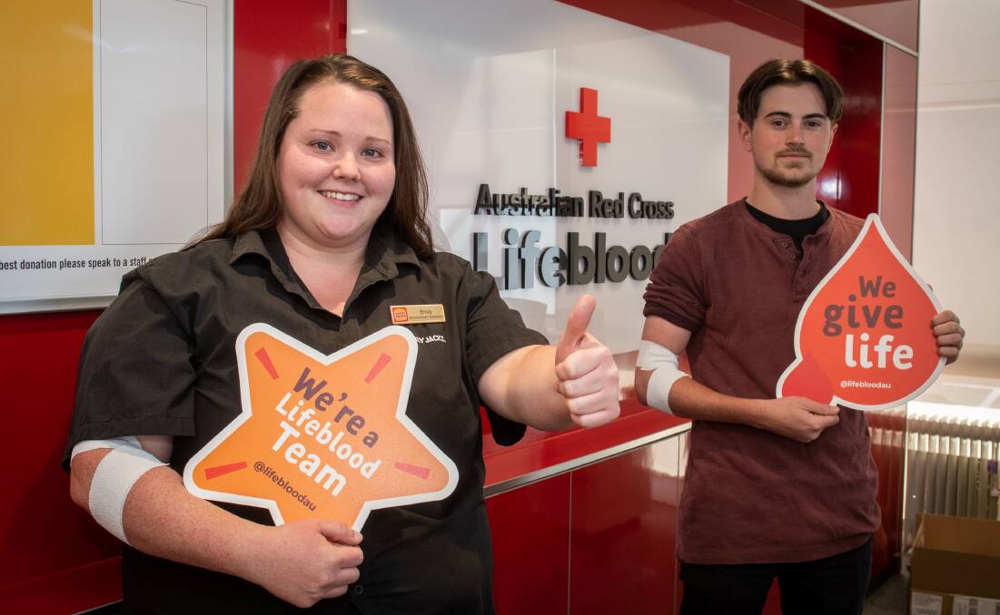 GOOD CAUSE: Hungry Jacks Mowbray restaurant manager Emily Townsend and South Launceston crew member Wade Lockhart donated blood for the first time on Tuesday. Picture: Paul Scambler
