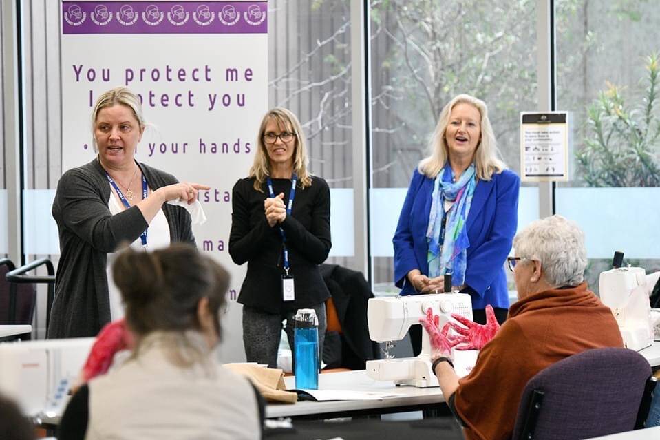 Amanda Reilly, Bronwin Ballantyne and Jenny Hart, of the Tassie Face Mask Project, running a recent workshop on hand hygiene. Picture: Supplied/Scott Gelston
