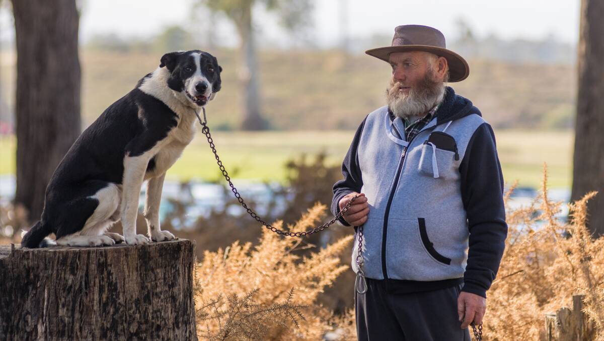 John Bramick, of King Island, with Nate, ahead of the working sheepdog trials at Agfest. Picture: Phillip Biggs 