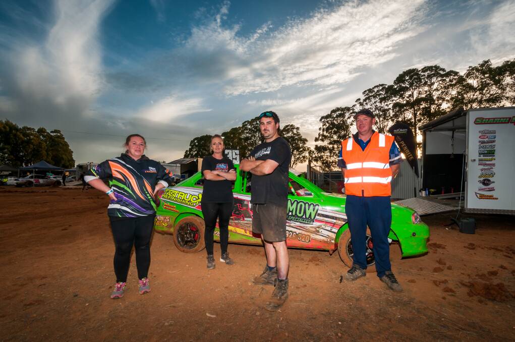 TEAM: Street stock speedway drivers Terri Farrell, Mel Collins, Nathan Russell, and Brad Farrell at Carrick Speedway on Saturday. Picture: Phillip Biggs 