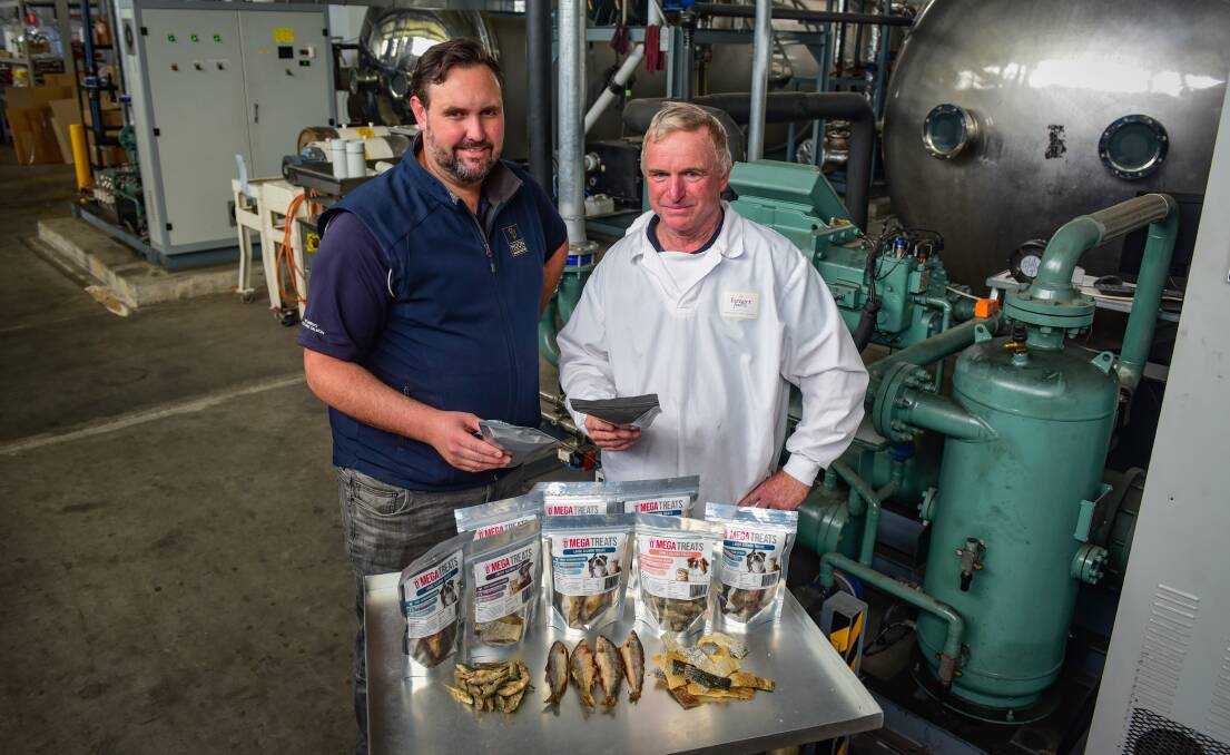 PROJECT: Huon Aquaculture Tasmanian business manager Luke Cavanagh with Forager Food Co manager Tony Wright and some of the Omega Treats. Picture: Paul Scambler