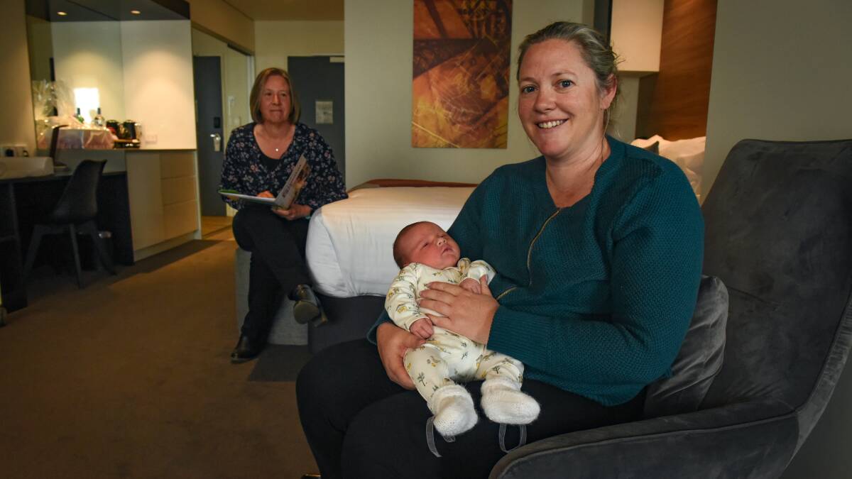 CARE: Wenonah Sharman and son Elijah, with Salveo midwife Athlene Petterwood, at Peppers Silos Hotel. Picture: Paul Scambler
