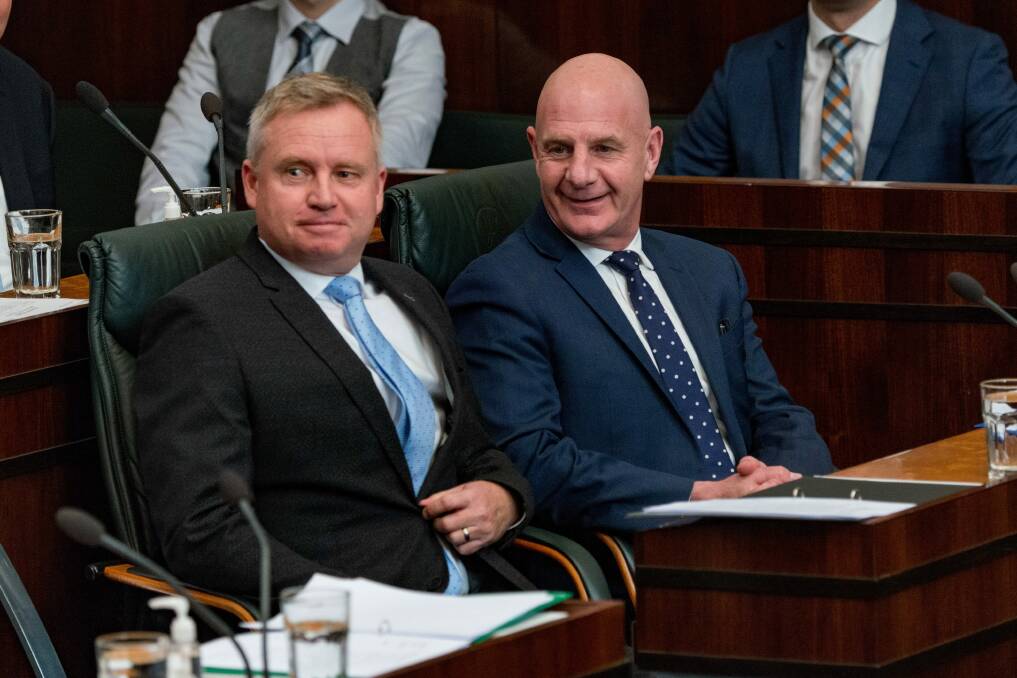 Health Minister Jeremy Rockliff, with Premier Peter Gutwein in Parliament. Picture: Phillip Biggs 