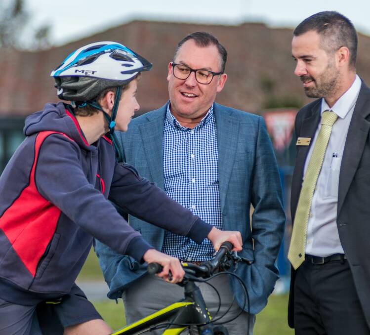 SKILLS: Queechy High School student Josh Belbin, Relationships Australia Tasmania chief executive Mat Rowell and Launceston Commonwealth Bank manager Abe Taylor. Picture: Phillip Biggs 