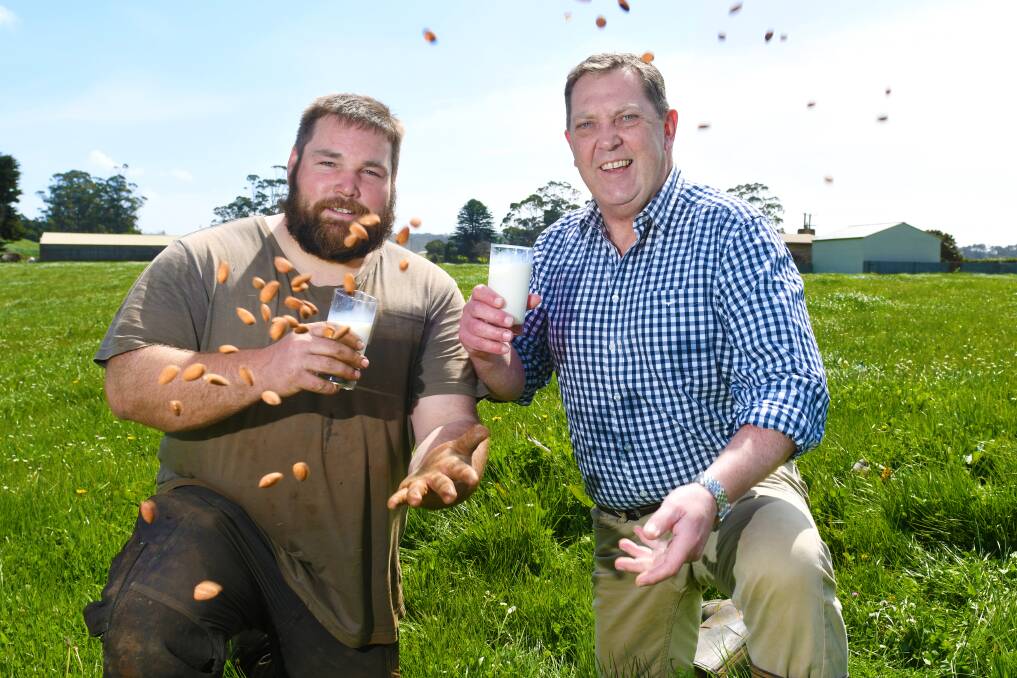 NUTS: Dairy farmer Simon Elphinstone and Gavin Pearce MP are taking a swipe at food labelling. They believe plant-based industries are fine, but are "unfairly trading" on the reputation of the meat and dairy industries. Picture: Brodie Weeding