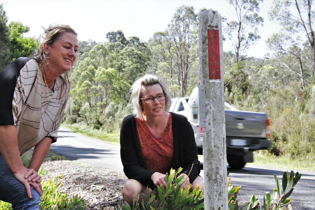SOUND: Sisters Beach resident Fiona Loughran and councillor Celisa Edwards examine a newly installed beeper on a virtual fence designed to protect wildlife from cars. Picture: Meg Powell