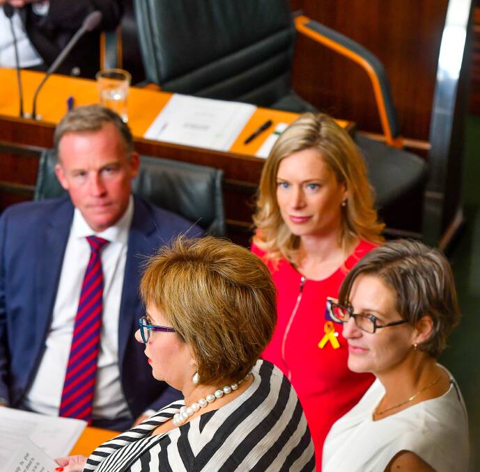 Sue Hickey addresses the House of Assembly after being elected Speaker of the lower house, as Premier Will Hodgman, Opposition Leader Rebecca White and Greens leader Cassy O'Connor look on. Picture: Scott Gelston