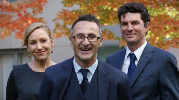 Former Greens deputy leaders Larissa Waters and Scott Ludlam with leader Richard Di Natale