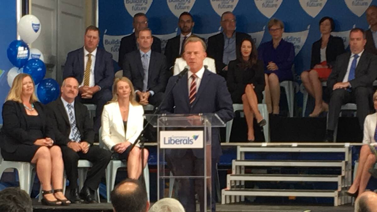Premier Will Hodgman addresses the crowd at the Tasmanian Liberals' official campaign launch at Cambridge on Sunday.