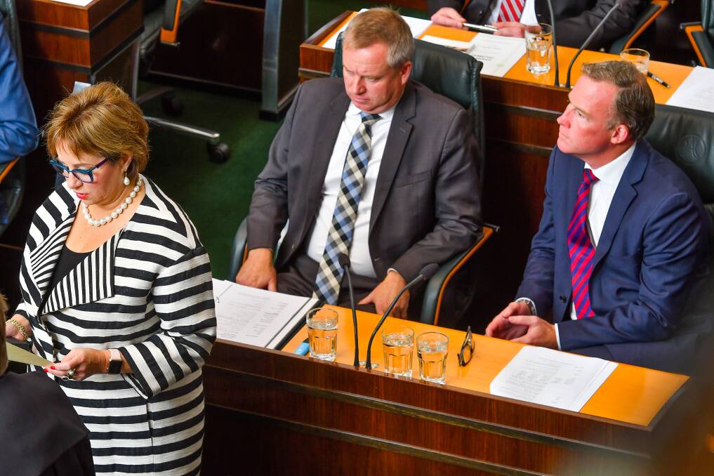 CHANGING OF THE GUARD: Premier Hodgman and Deputy Premier Jeremy Rockliff look on as Sue Hickey accepts her nomination. Picture: Scott Gelston