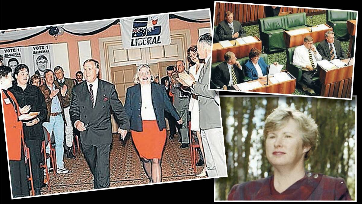 SHORT REIGN: Liberal Party supporters welcome Premier Tony Rundle and wife Caroline to the grand ballroom of the Novotel Launceston for the party's election campaign launch in 1998; Mr Rundle in Parliament with colleagues Sue Napier (left), Rene Hidding (middle) Ray Groom (right) and Bob Cheek (back); former Greens leader Christine Milne in 1995