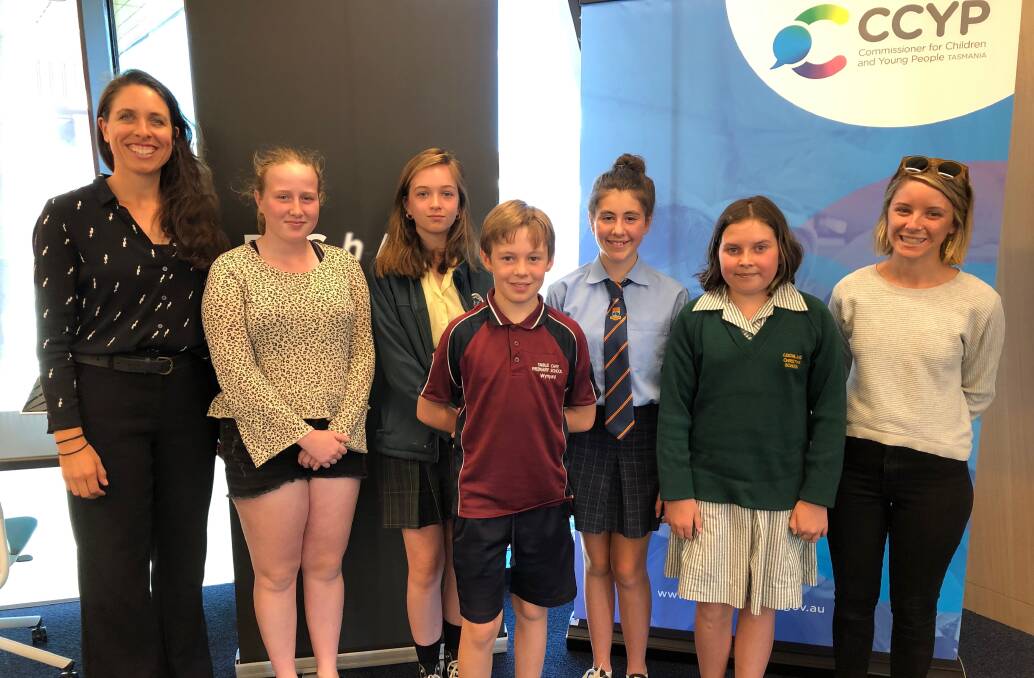Speaking up: Children's commissioner Leanna McLean, Zali Grace, Connie Turner, Dieter Linden, Mishca Linden, Arial Hyatt and Rachel Small from Big hArt. Picture: Lucy Slade.