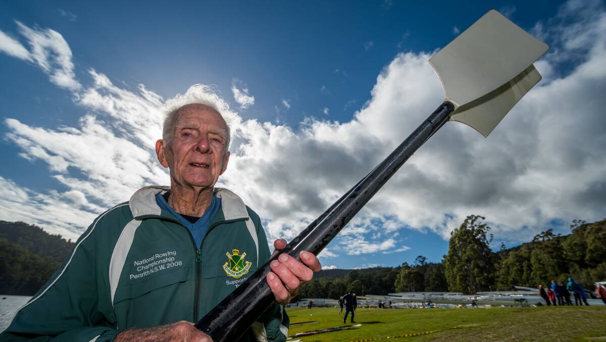 Young at heart: Ted Jones is 92-years-old and the oldest competitor at the 2018 Australian Masters Rowing Championships at Lake Barrington. He also holds two world records for rowing. Picture: Phillip Biggs.