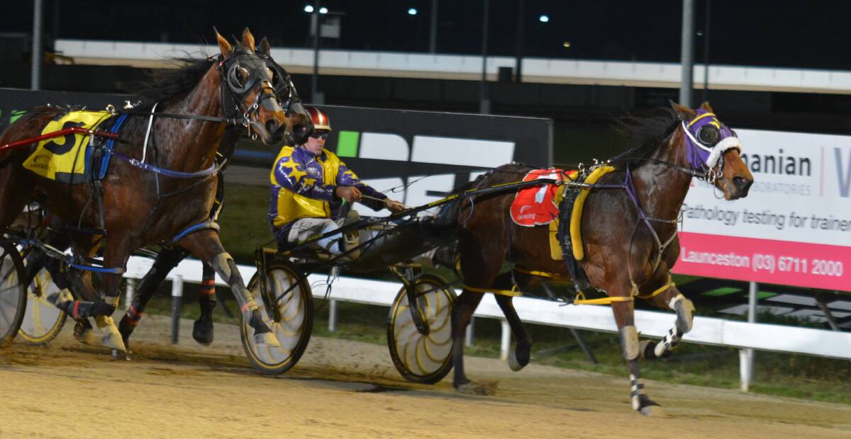 RICH TARGET: Granny Smith Stakes contender Ordinaire Jane, driven by Troy Hillier, wins the Bandbox Stakes at Mowbray last year.
