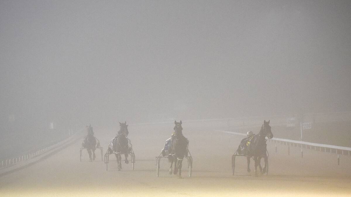 IN A HAZE: The harness meeting went ahead at Mowbray on Sunday night despite heavy fog that rolled in after the second race. Picture: Stacey Lear