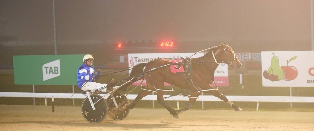 WINNING TEAM: Adrian Collins scores one of his six wins on smart mare Courageous Katee in heavy fog at Mowbray last month. They were successful again on Sunday night. Picture: Stacey Lear