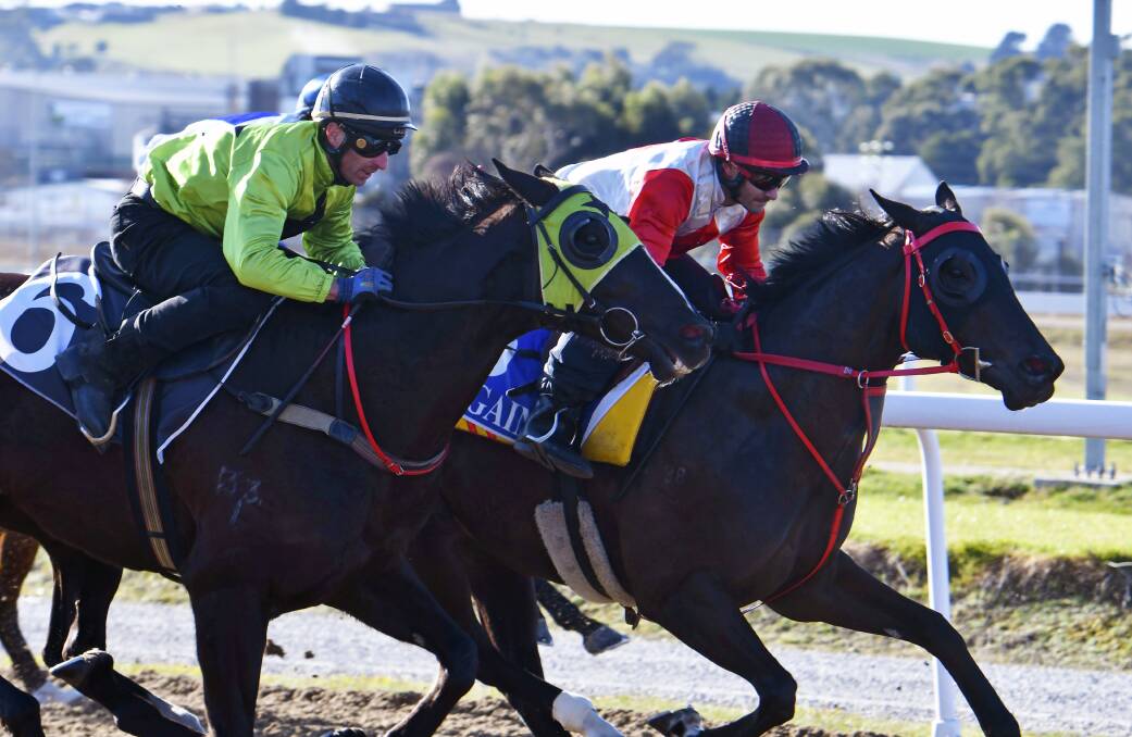 Mystic Journey (inside), ridden by David Pires, is kept under a tight hold as she trials at Spreyton on Tuesday morning. Picture: Brodie Weeding