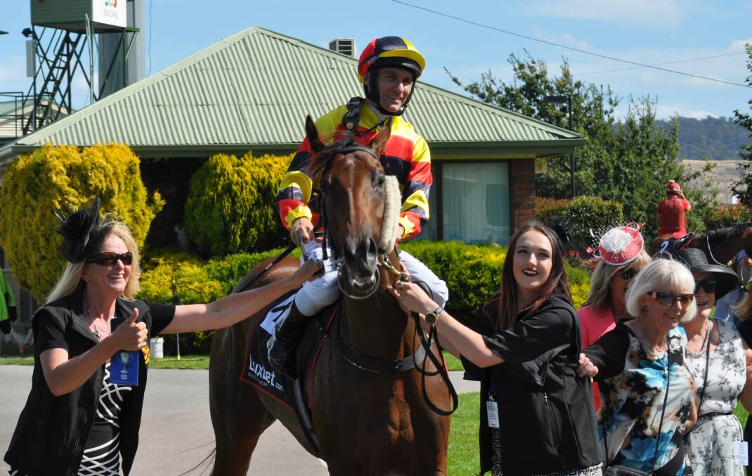 HAPPIER TIMES: Pateena Arena with jockey Luke Currie and connections after winning the Gold Sovereign Stakes at Mowbray during her dominant two-year-old season. Picture: Greg Mansfield