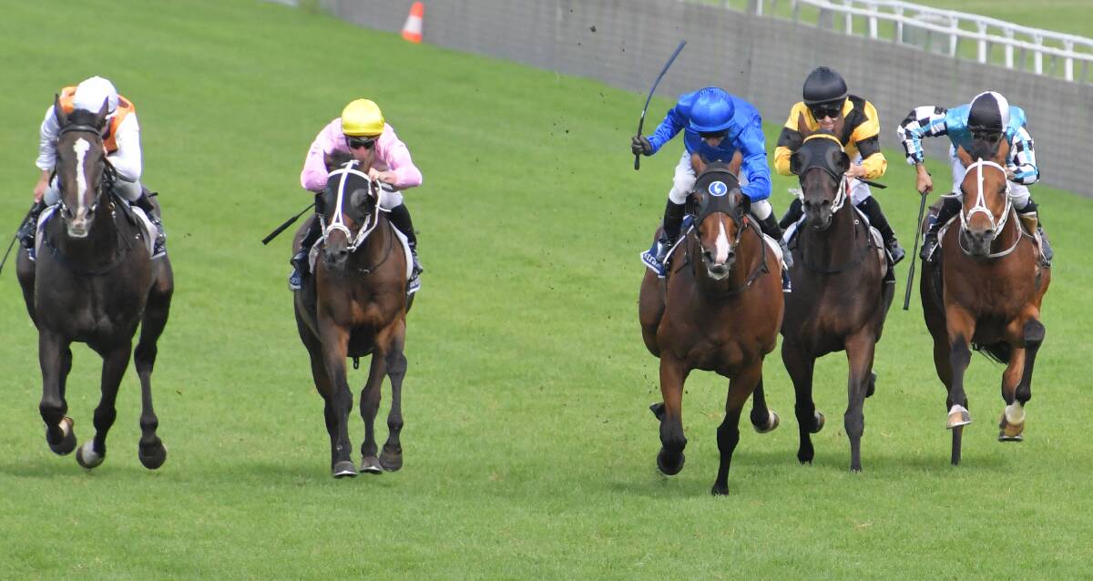 CUP BOUND: Launceston Cup entry Etymology (centre), ridden by Kerrin McEvoy, wins the Australia Day Cup at Warwick Farm. Picture: AAP/Simon Bullard  