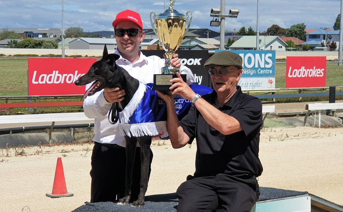 Trainer Ben Englund and his father and syndicate manager Tom with Wynburn Sheean. Picture: Brad Cole