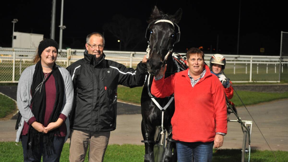 DEBUT WIN: Jessica, Leigh and Leanne Dornauf with Levi Jimmy after his win at Mowbray on Friday night. Picture: Greg Mansfield